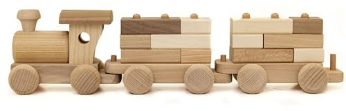Holzfee Holzzug Dampflok Holz Eisenbahn Zug 35cm Lokomtive mit 3 Waggons Hänger + Bausteine