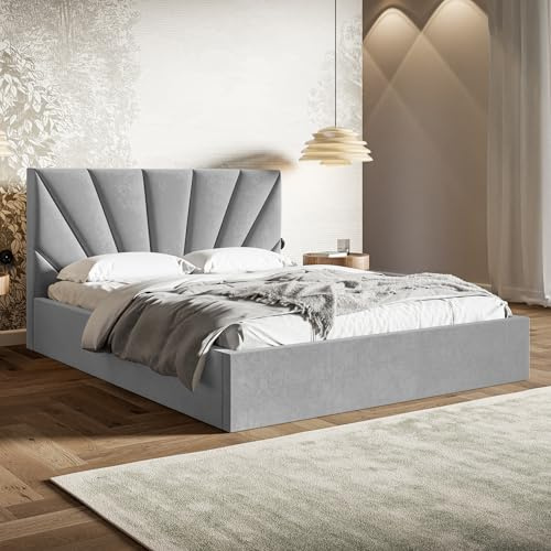 MOTIVENA INES Bett 120x200 Grau Samt, mit Stauraum, mit Kopfteil, mit Lattenrost, ohne Füße, ohne Matratze, Polsterbett 120x200 mit Bettkasten Grau (Hellgrau)