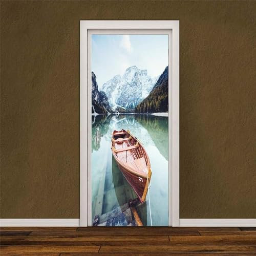 3D Türtapete Türposter Türbilder See Holzboot Schnee Berg 90 X 200 Cm / 35 X 78,7 Zoll Selbstklebend Wasserdicht Abnehmbare Türfolie Für Kind Schlafzimmer Wohnzimmer Türaufkleber Aufkleber Kunst Dekor