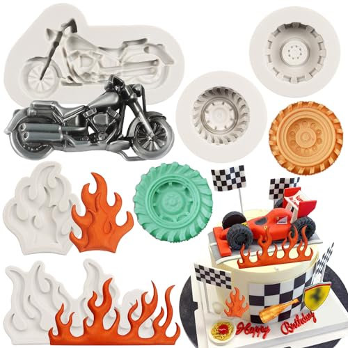 FCKEMLDS FM199 Flammen-Fondant-Formen, runde Reifen-Fondant-Form, Motorrad-Silikonformen für Kuchendekoration, Cupcake-Topper, Schokolade, Süßigkeiten, Polymerton, Gummipaste, 5 Stück, grau