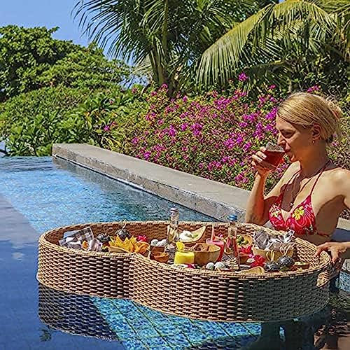 Bandeja flotante en forma de corazón de color caqui para piscina, jacuzzi, desayuno, cesta de agua, bambú, ratán al aire libre, para servir piscina, bandeja flotante para alimentos, resistente al agu
