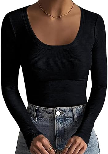 Basicspace Damen Basic Tops Casual Monochrome Stretch Geripptes T-Shirt Mode Langarm Leichtes Schwarz Shirt (Schwarz, L)