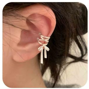 Aneneiceera Boho Bow Ear Cuff Earrings Silver Bowknot Cartilage Cuff Earrings Vintage Bow Tie Ribbon Earcuff Earrings Non Pierced Clip On Earrings Jewelry for Women
