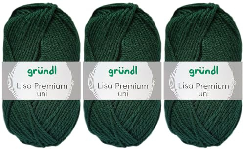 3x50 Gramm Gründl Lisa Premium Uni aus 100% Polyacryl inkl. Anleitung für Meerschwein (16 Tannengrün)