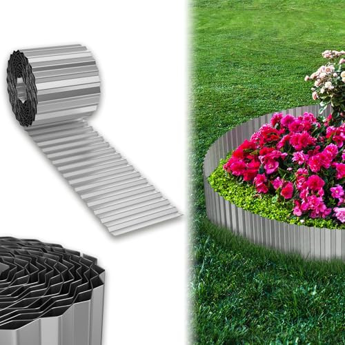 UISEBRT Beeteinfassung Rasenkante, Verzinktes Beetbegrenzung aus Metall Einfach zu Montieren, 15cm Hoch Flexibel Rasenkanten, Wurzelsperre Blumenbeet oder als Mähkante Länge Anpassbar(5M, Silber)