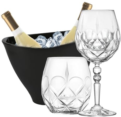 Sicignano | Set 6 Calici CL.53 con 6 Bicchieri CL.38 Alkemist per Vino Acqua Whisky Liquori Cocktail, Cristallo Ecologico, Trasparenti, Resistenti ? Omaggio Secchiello Champagne Nero 2 Bottiglie