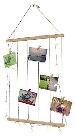 MAGICLULU Support Photo Mural avec Guirlande Lumineuse, Décoration Murale en Bois, 10 Pinces, 1 Set, pour Salon et Chambre Plusieurs Styles