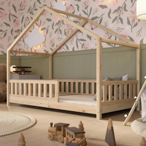 Crazy Pine Hausbett 100x200 cm – Kinderbett aus Naturholz mit Rausfallschutz – Montessori Bodenbett mit Höhenverstellbaren Beinen und Abnehmbarer Barriere - Crazy House