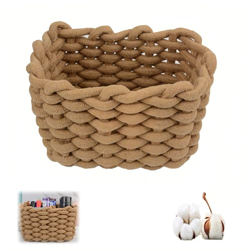 Aufbewahrungskorb aus Baumwolle, khaki Geflochtenes Körbchen mit DickgarnGeflecht, Badezimmer-Organizer für Schreibtisch & Schminktisch Wickeltisch, Kosmetik, Desktop – Kleine Aufbewahrungsbox