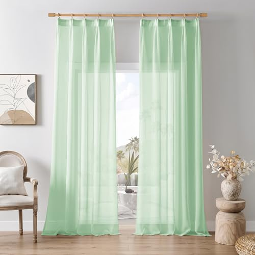 Softalker Vorhang Grün mit Kräuselband Gardinen Wohnzimmer Transparent 225 cm Lang Stores Gardine Schal 2er Set Leinenoptik Vorhänge Schlafzimmer 140 cm Breit für Schiene Deko Küchen Kinderzimmer