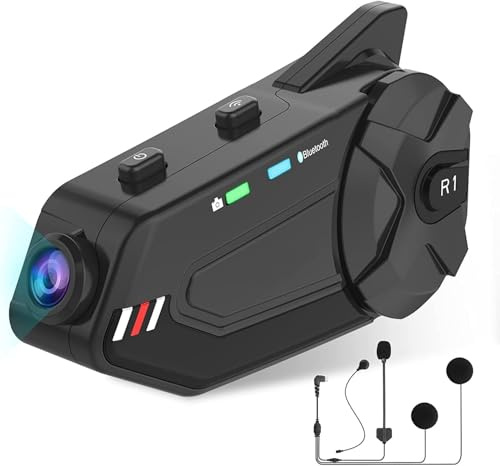 OBEST Interphone Bluetooth Casque Moto Interphone avec Caméra 1080P, 1000M 6 Riders Group Interphone avec Carte FM, Bluetooth 5.0/64G TF/2 en 1 Microphone/IP65 Étanche