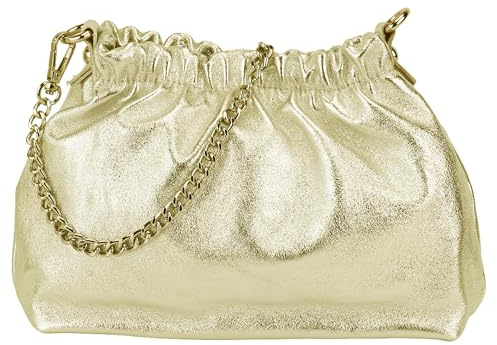 SH Leder Echtleder Umhängetasche Clutch kleine Tasche Abendtasche Alltagstasche mit Silberne Kette 23x14cm Elke G355 (Gold)