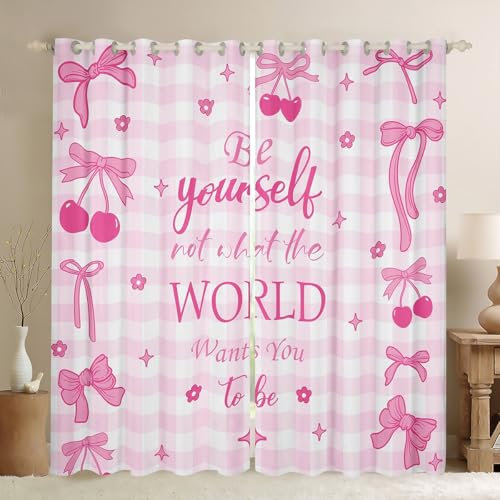 Homewish Süße Kirschbogen Fenster Vorhang 117Bx137L,Rosa Bogen Kinder Vorhang Band Bogenknoten Fenster Behandlungen für Mädchen Teen Frauen,Rosa Weiß Plaid Blume Sterne Vorhänge
