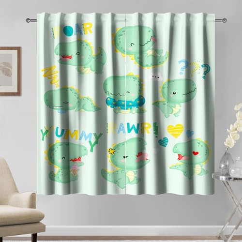 Kzzfqxb 107x160cm Cartoon Vorhänge 2 Paneele lächelnde schlafende grüne Baby Dinosaurier süßes lustiges Dekor für Kinder Jungen Babys Schlafzimmer Kinderzimmer Wohnzimmer