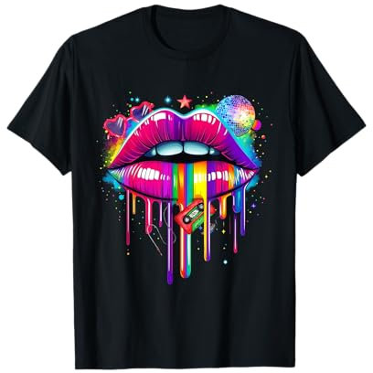 Bunte Lippen Kussmund Retro 80er Jahre Party Look Kostüm T-Shirt
