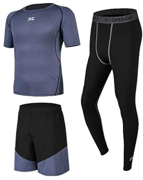 GRECERELLE Herr 3-delad atletisk set, ultimat prestandautrustning för löpning och fitness - kortärmad topp, shorts och kompressionstights, 3 st blå+svart, S