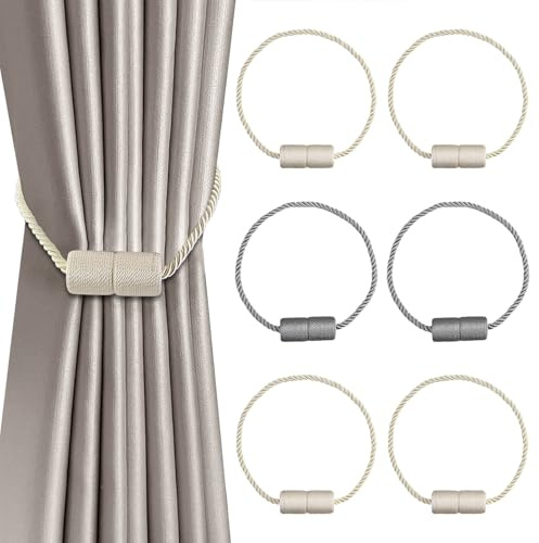 6 Pezzi fermatenda magnetici per Tende, Calamite per Tende, Ferma Tenda a calamita, 4 Beige e 2 Grigi, per Tende oscuranti, Tende da Doccia, Tende Trasparenti, finestre Esterne