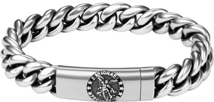 JewelryWe Pulsera de San Miguel de Hombre: Brazalete Difusor de Aceites Esenciales Cadena Cubana Vintage de Acero Inoxidable con Tarjeta Joyería Religión Regalo para Padres Y Novios
