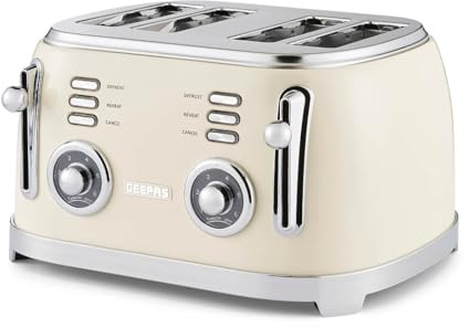 GEEPAS Retrovive 4 Slice Bread Toaster | Extra Wide Slot 6 Browning Level | Defrost/Reheat/Cancel Function Removable Crumb Tray | Cool Touch Exterior Non-Slip Feet Cord Storage 1500W | Vintage Cream