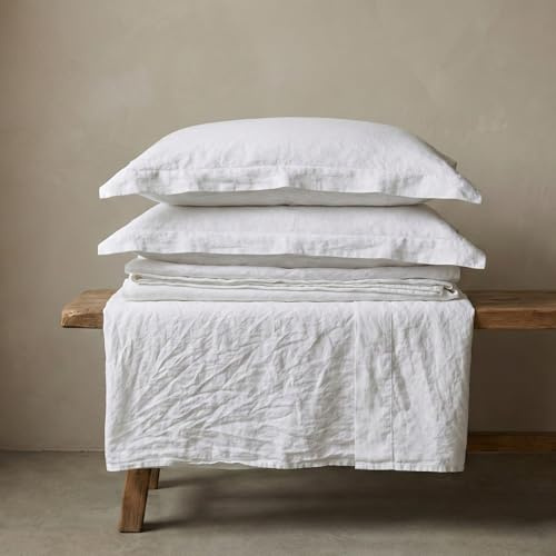The Tangerine Store Pure Linen Luxe - Set di lenzuola in 100% lino naturale, traspiranti, ipoallergeniche, prelavate per una maggiore morbidezza, colore bianco, per letto matrimoniale