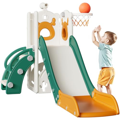 Mloong 7 in 1 Toddler Slide, Kids Slide for Toddlers Baby 1-3 Years Old, Indoor and Outdoor with Basketball Hoop Upgraded Golf, Plastic Slides for Kids Elk Theme(Yellow & Green)(28×62×39in)