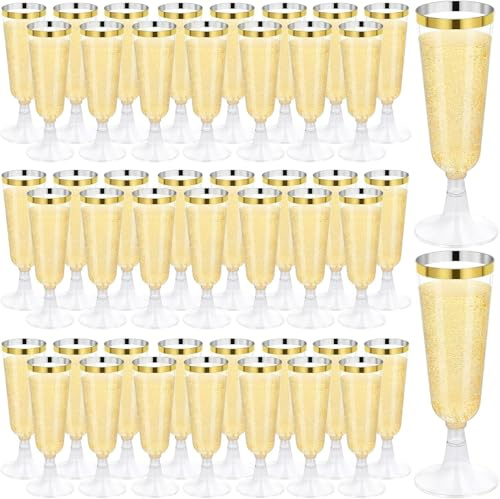 ALEXPRE 50Pcs 150ml/5oz Clear Plastic Champagne Flutes with Goldrim | Plastic Prosecco Glasses, Reusable Champagne Glasses, Plastic Wine Glasses for Parties Weddings Birthdays Picnic Christmas