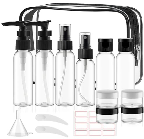 Hokretme Confezione da 15 flaconi da viaggio per articoli da toeletta da 60 ml, approvati TSA, a prova di perdite, kit da viaggio per donne e uomini, borsa da toilette trasparente TSA, shampoo