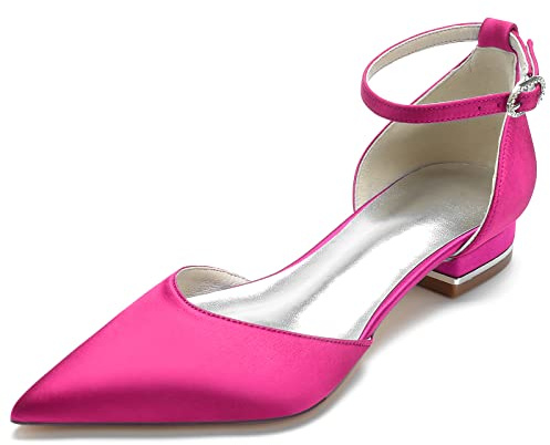 HFWXYSA Scarpe da Sposa da Donna A Punta in Raso con Cinturino alla Caviglia Scarpe da Sposa 2,5 Cm Scarpe Basse per Donna Elegante,Fuchsia,39 EU