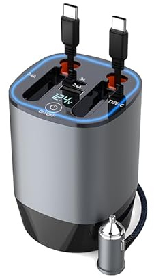 Xeououo 120W 4-in-1 Fast Car Charger - Retractable Cable Station with Digital Display, 100W Type-C & Lightning Coils, Universal for All 12V-24V Cigarette Lighter Vehicles