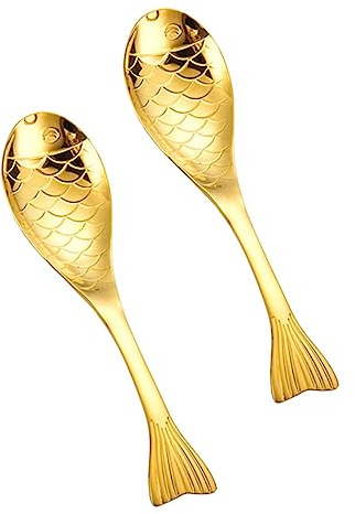 TEMPNAP 2pcs Stainless Steel Kitchen Spoons Large Gold Cartoon Fish Design Smooth Edges Ergonomic Stirring Spoons for Coffee Household Tableware and Stylish for Home and Restaurant Use