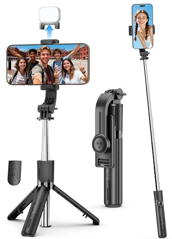 Perche à Selfie avec Lumière, Trepied Telephone Portable Rétractable avec Télécommande, Trepied Smartphone pour Voyages, Vlogs, Vidéos et Photos, Compatible iPhone/Samsung/Android