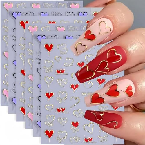 Muorruo 6 feuilles de stickers cœur pour ongles, autocollants pour ongles de la Saint-Valentin, designs d'ongles en cœur amour, manucure festive, accessoires d'ongles pour femmes et filles