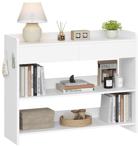 Hzuaneri Console Table with Drawers, Hallway Table with 3 Tiers Storage Shelves, Slim Sofa Side Tables with Two Hooks for Entryway Living Room Bedroom 100 x 30 x 80 cm, White CT01603X