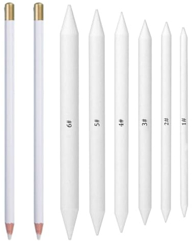 KAHZOR 6 Difuminadores para Dibujo y 2 Lápices Goma Borrar, Goma Lápiz Precisión Blanco que Permiten Obtener un Efecto de Boceto Delicado y Realizar Retoques Precisos para Artistas, Bocetos y Pintura