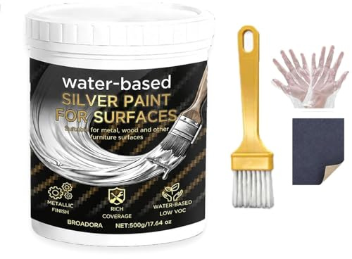 Water-Based Silver Paint for Metal & Wood, Silvers Foil Paints, Waterproof Silver Spray Paint, Fast Drying Acrylic Metallic Finis, for Crafts, Metal,Fabric,Canvas,Furniture,Handcraft (500g)