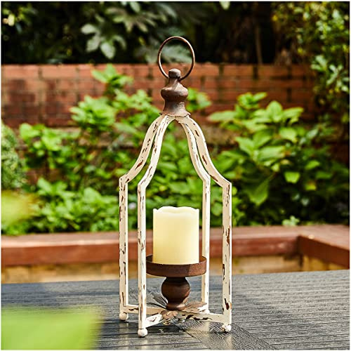 Glitzhome 16.5 Farmhouse Lanterns Decorative Indoor Outdoor, White Metal Candle Lanterns, Hanging Candle Holder for Fireplace, Patio,Porch, Garden, Wedding & Holiday Decor