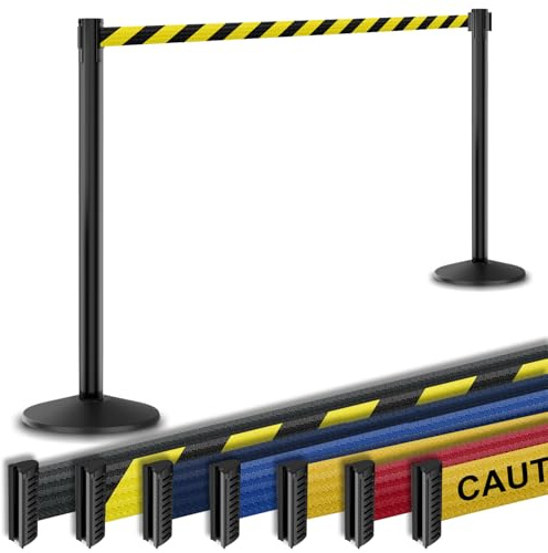 Commercial-Grade Stanchion 2-Pack by Visiontron – RETRACTA-Belt Prime (Model P101SB) 10’ Retractable Belt Barrier - Heavy Base Crowd Control Barrier (Black Post w/Black & Yellow Belt)