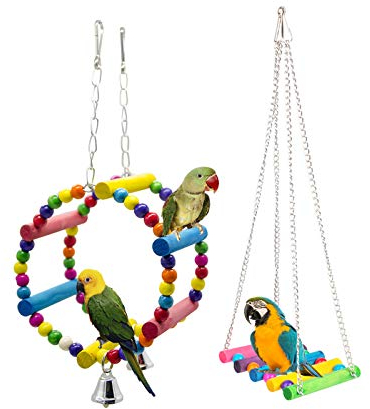 Gwotfy Papagei Spielzeug, 2 Stück Bunten Vogelspielzeug, Vögel Spielzeug Vogel Papagei Schaukel Spielzeug, Mit Naturholz Hängematte Hängenden, für sittichen, Aras, Papageien, Love Birds, Finken