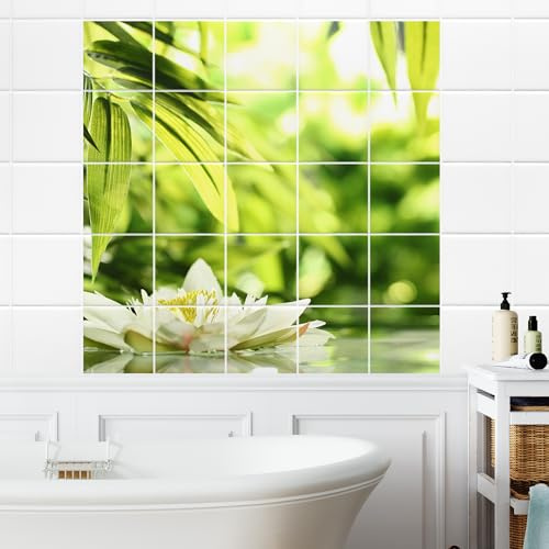 GRAZDesign Fliesenaufkleber Bad, Wandfliesen selbstklebend Wellness Steine Grün - 20x25cm / Wasserblume