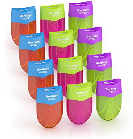 Berlingo Bleistiftspitzer Set, 12 Stück, Doppel Loch, Bleistift Spitzer mit Deckel und Behälter, Manueller Anspitzer, für das Büro, das Home Office oder die Schule und Uni, Serie Hyper