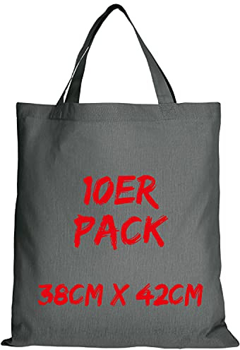 TEXXILLA Baumwolltasche - 10er Pack | Stahlgrau | mit Zwei kurzen Henkeln | 38x42cm | Jutebeutel | Einkaufstasche | unbedruckt