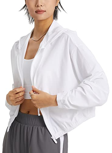 altiland Women's UPF 50+ Sun Protection Cropped Jackets Zip Up Cooling Shirt Athletic Workout Running Hoodie (White, M)