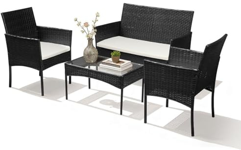 Ikodm Polyrattan sittgruppsset, 7-delat balkongmöbelset inklusive soffa, enkelstolar, bord och sittkuddar, trädgårdsmöbler, terrassmöbler för trädgård – svart