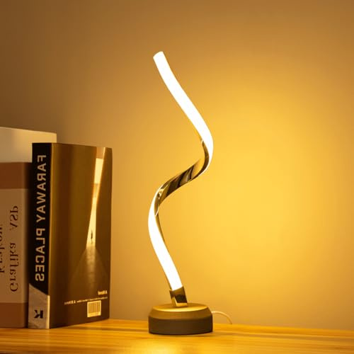 BASRAE Spirale Tischlampe Moderne LED Dimmbar Schlafzimmer Nachttischlampe | 3 Farbtemperaturen Farbwechsel& Helligkeit Einstellbar 5,Tischleuchte mit Kabel,Zimmer Deko Schreibtischlampe Stimmungslicht