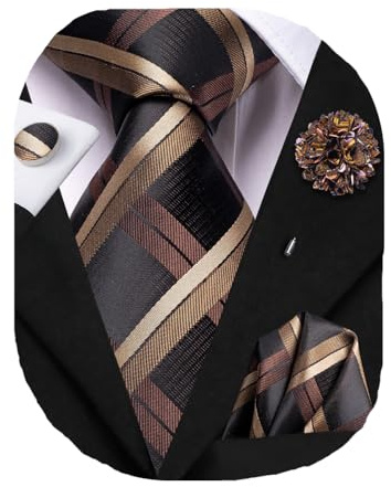Hi-Tie Mens Black Brown Champagne Silk Ties Set Plaid Woven Striped Necktie Pocket Square Cufflinks Lapel Pin Set for Wedding Party