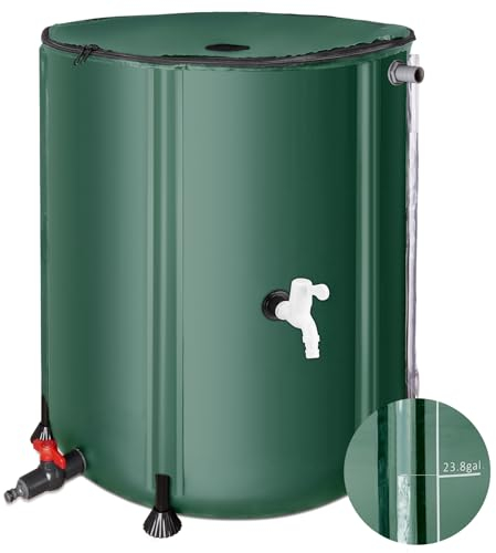 Barili per la pioggia per raccogliere l'acqua piovana dalla grondaia, sistema di raccolta dell'acqua piovana, barile pieghevole, include filtro due beccucci e kit di troppopieno (53 galloni, verde)