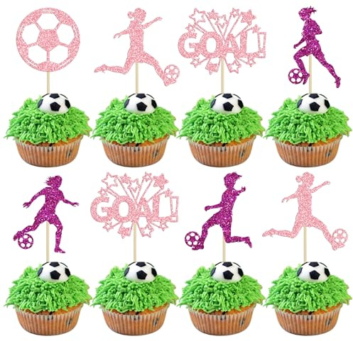 24Pcs Soccer Cupcake Toppers Glitter Women Girl Football Cake Decorations Sports Theme Cupcake Picks for Soccer Party Decoration Baby Shower Cake Decoration Pink