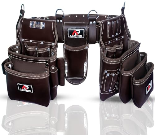 Ap-Leather Pro-302 Premium-Werkzeuggürtel, ölgegerbtes Leder, Werkzeugtasche, Werkzeuggürtel, 29 Taschen, Werkzeugtasche mit 4 Schlaufen, Schreiner, für 76,2 cm bis 52 (Dunkelbraun, XL)