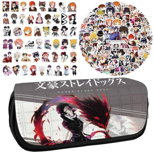 Bungo Stray Dogs Anime Printed Pencil Case Student Stationery Bag Large Capacity Double Layer Pencil Bag Free 100 pcs Anime Stickers Cartoon Graffiti Waterproof Stickers