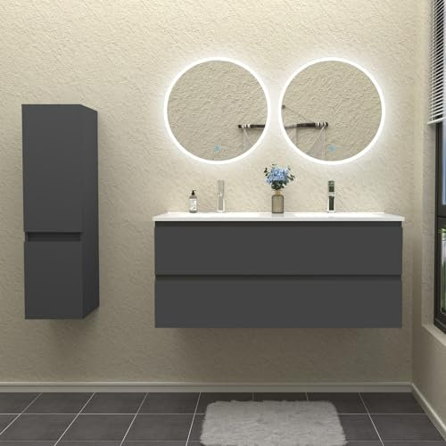 HAPAOSO Ensemble Meubles Salle de Bain Double Vasque Couleur Anthracite avec Meuble sous Vasque 120 cm +Colonne Haute+Miroir Rond LED 60cmx2